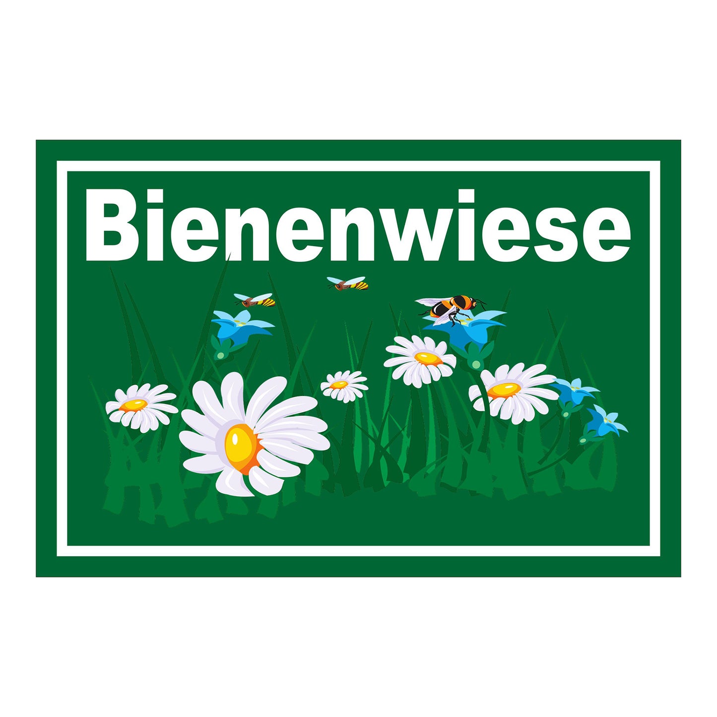 Schild Bienenwiese Hinweis Blumenfläche mit Bienenmotiv „Bienenwiese“ in grün mit weißem Rand