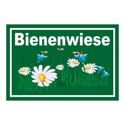 Schild Bienenwiese Hinweis Blumenfläche mit Bienenmotiv „Bienenwiese“ in grün mit weißem Rand
