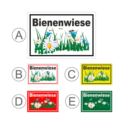 Übersichtsbild Schild Bienenwiese Hinweis Blumenfläche mit Bienenmotiv „Bienenwiese“ mit allen verfügbaren Farbvarianten