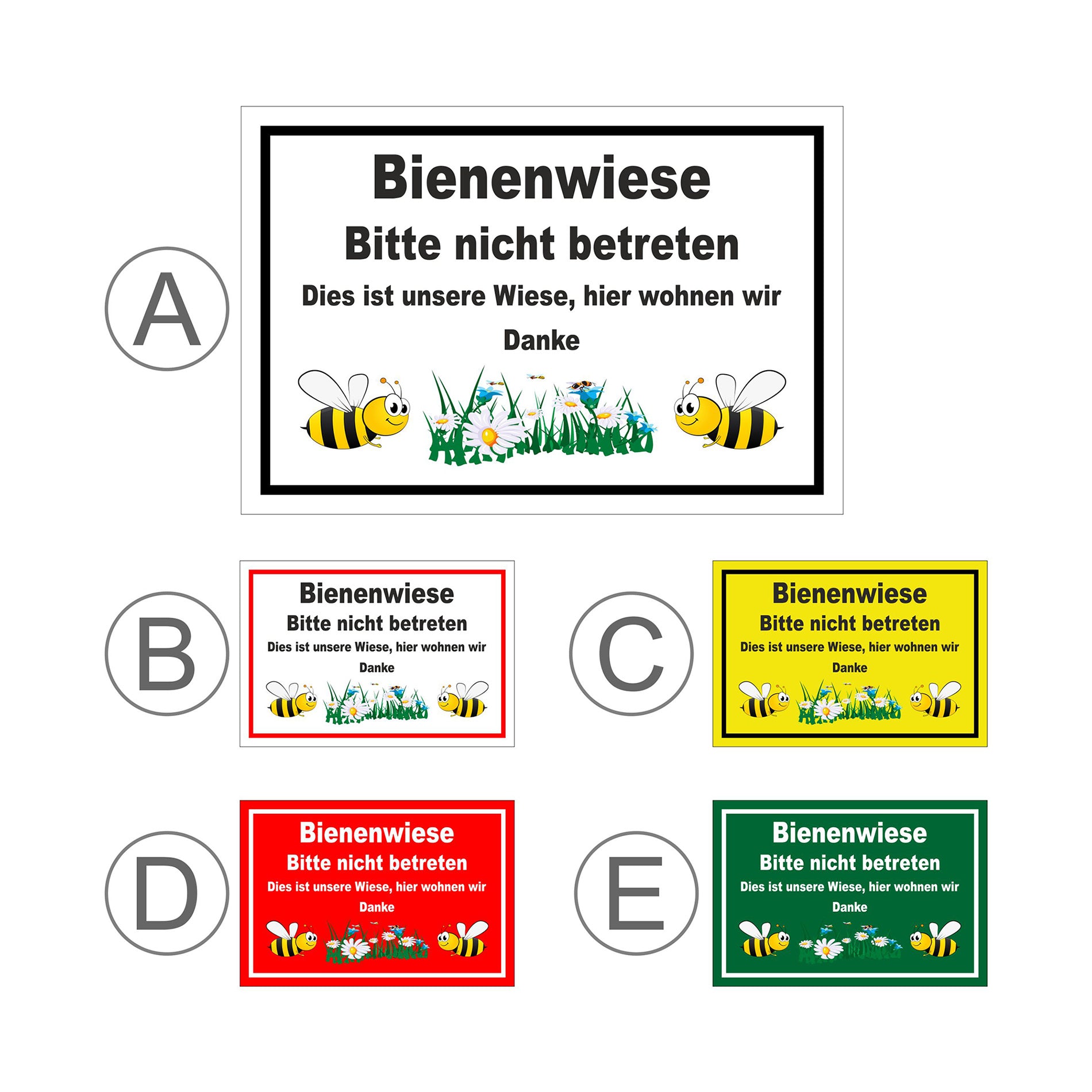 Übersichtsbild Schild Bienenwiese Bitte nicht betreten Hinweis „Bienenwiese Bitte nicht betreten Dies ist unsere Wiese, hier wohnen wir Danke“ mit allen Farbvarianten