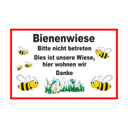 Schild Bienenwiese Bitte nicht betreten mit Bienenmotiv weißer Hintergrund roter Rand