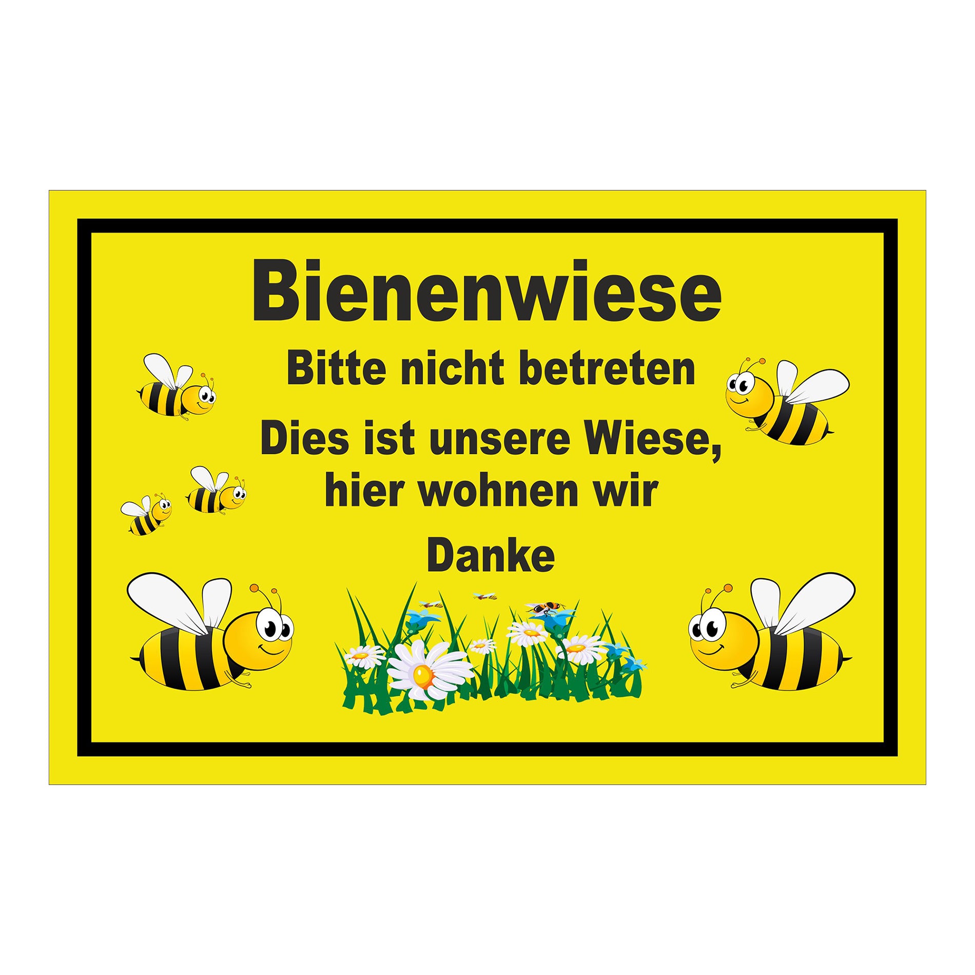 Schild Bienenwiese Bitte nicht betreten mit Bienenmotiv gelber Hintergrund schwarzer Rand