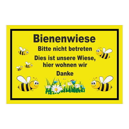 Schild Bienenwiese Bitte nicht betreten mit Bienenmotiv gelber Hintergrund schwarzer Rand