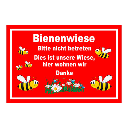 Schild Bienenwiese Bitte nicht betreten mit Bienenmotiv roter Hintergrund weißer Rand