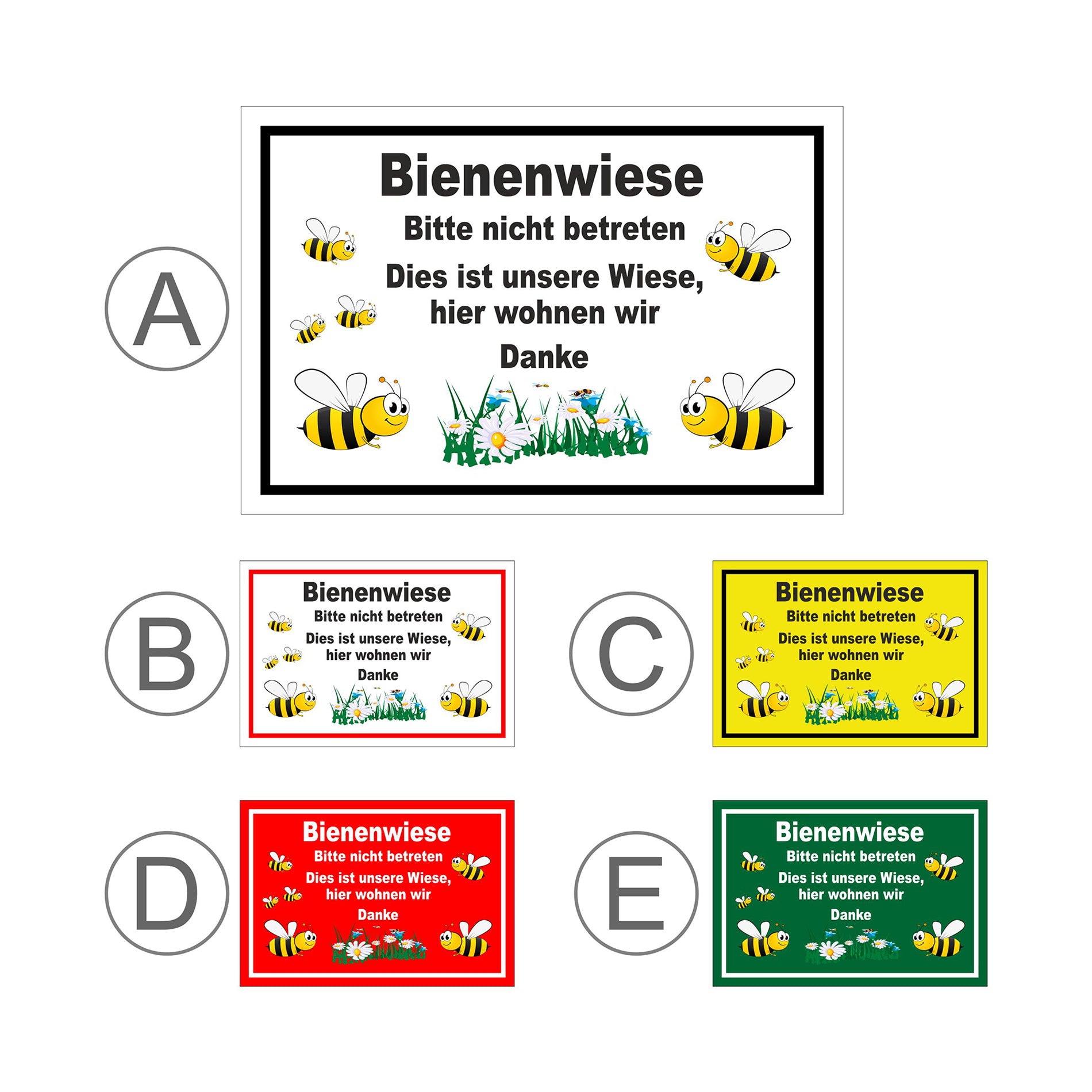 Übersichtsbild Schild Bienenwiese Bitte nicht betreten Hinweis mit Bienenmotiv mit allen verfügbaren Farbvarianten