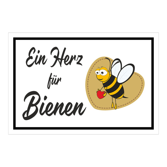 Schild Ein Herz für Bienen mit Bienenmotiv „Ein Herz für Bienen“ in Weiß mit schwarzem Rahmen