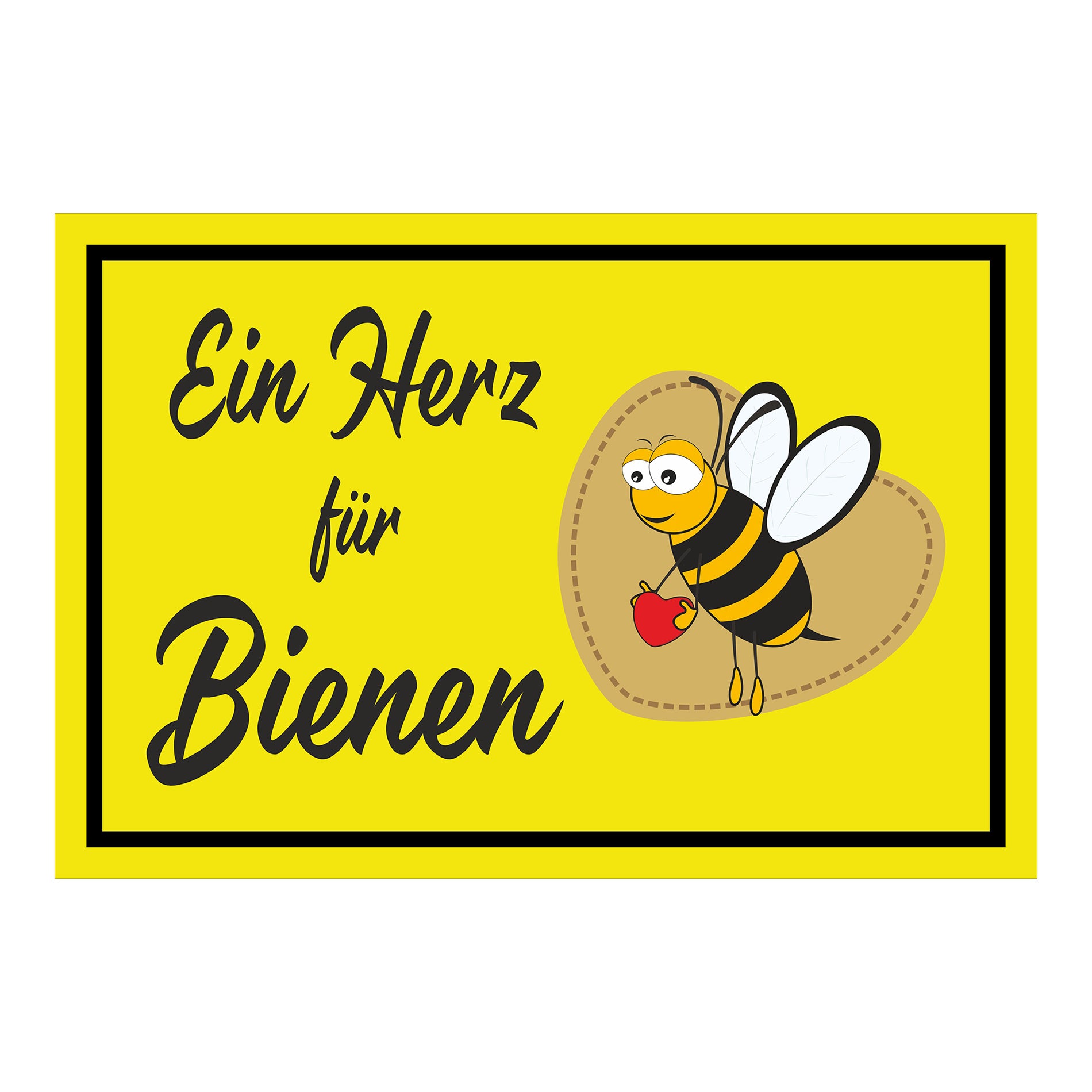 Schild Ein Herz für Bienen mit Bienenmotiv „Ein Herz für Bienen“ in Gelb mit schwarzem Rahmen