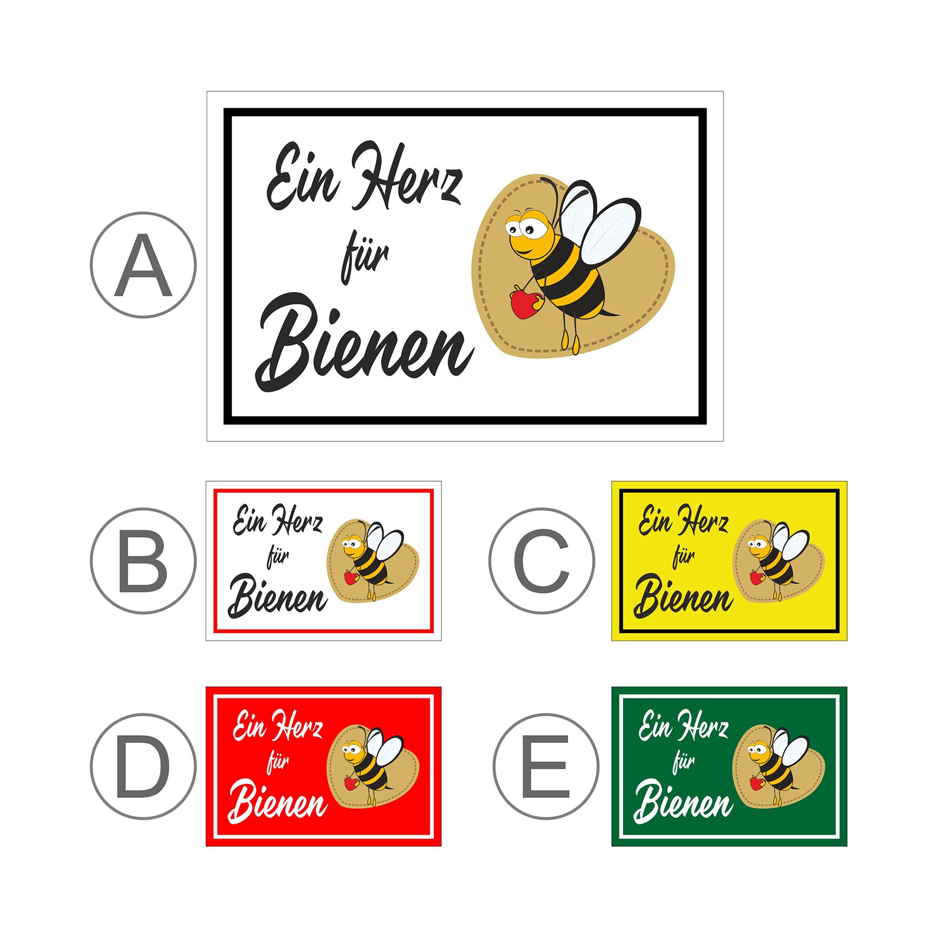 Übersichtsbild Schild Ein Herz für Bienen mit Bienenmotiv „Ein Herz für Bienen“ mit allen verfügbaren Farbvarianten