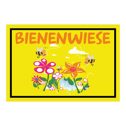 Schild Bienenwiese Hinweis mit Blumen und Bienenmotiv ‚BIENENWIESE‘ in Gelb mit schwarzem Rand und orange Schrift