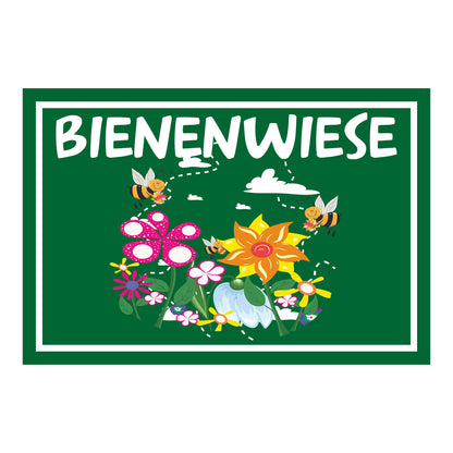 Schild Bienenwiese Hinweis mit Blumen und Bienenmotiv ‚BIENENWIESE‘ in Grün mit weißer Schrift und weißem Rand
