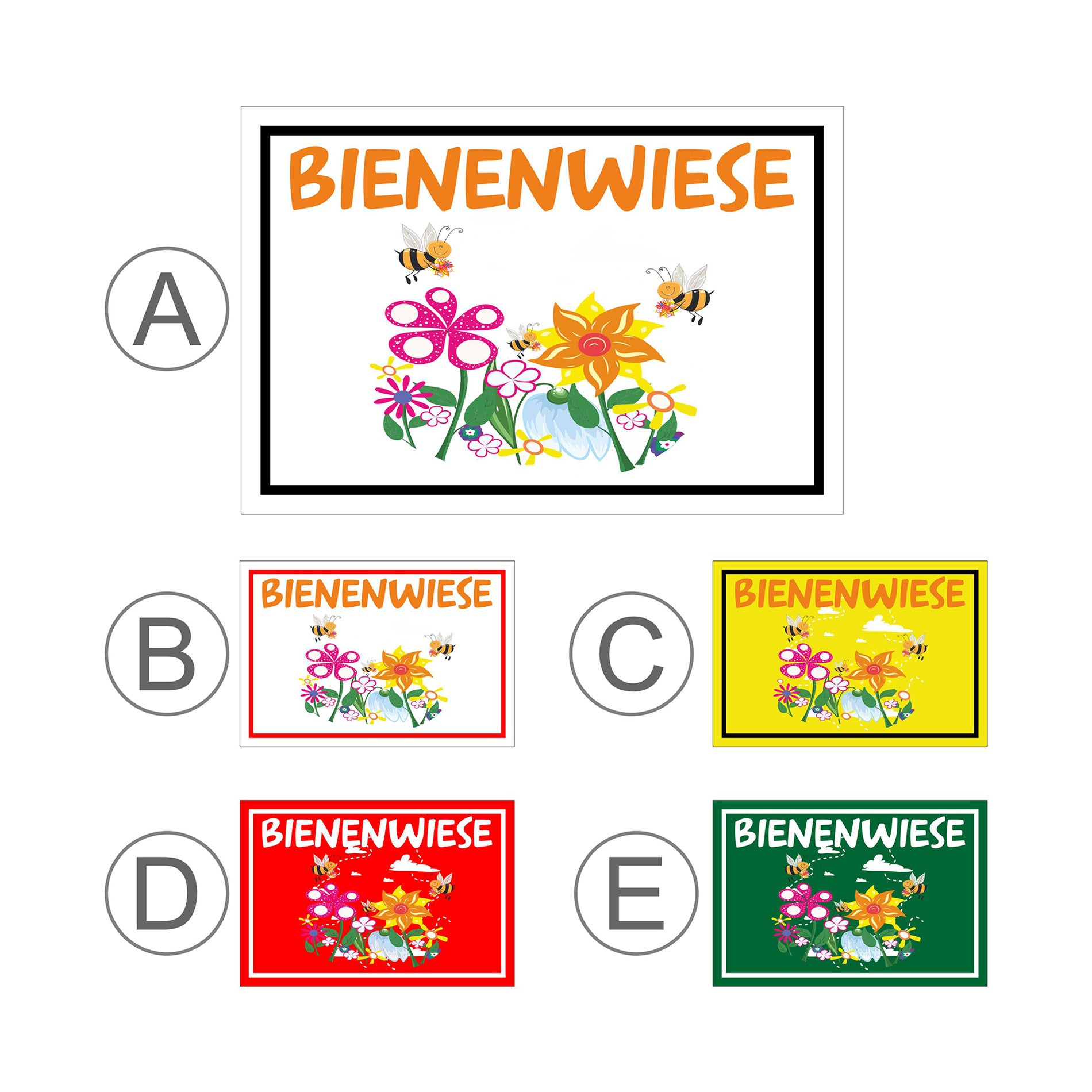 Übersichtsbild Schild Bienenwiese Hinweis mit Blumen und Bienenmotiv ‚BIENENWIESE‘ mit allen Farbvarianten