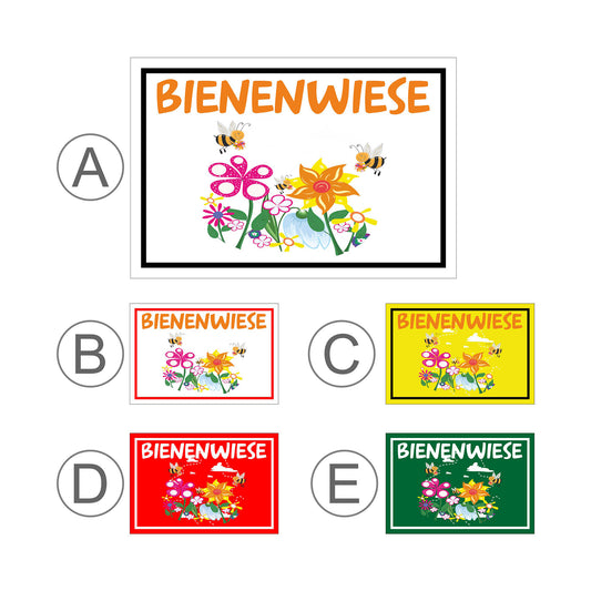 Übersichtsbild Schild Bienenwiese Hinweis mit Blumen und Bienenmotiv ‚BIENENWIESE‘ mit allen Farbvarianten
