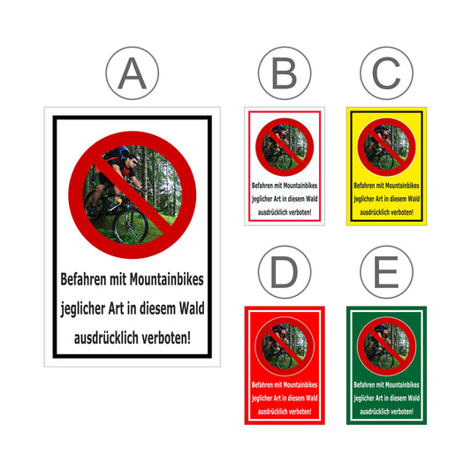 Übersichtsbild Schild Mountainbikes im Wald verboten „Befahren mit Mountainbikes jeglicher Art in diesem Wald ausdrücklich verboten!“ mit allen Farbvarianten