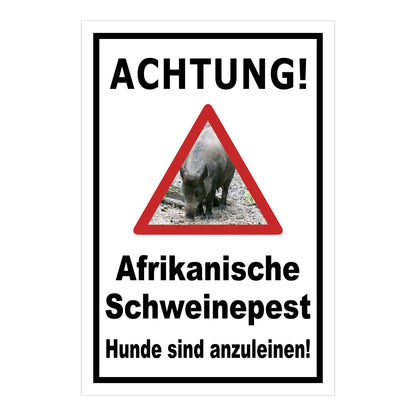 Schild Achtung Afrikanische Schweinepest Hunde sind anzuleinen in Weiß mit schwarzem Rand