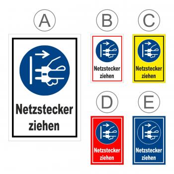 Gebots-zeichen - Netz-stecker ziehen - entspr. DIN ISO 7010 / ASR A1.3 – S00361-012-E +++ in 20 Varianten erhältlich